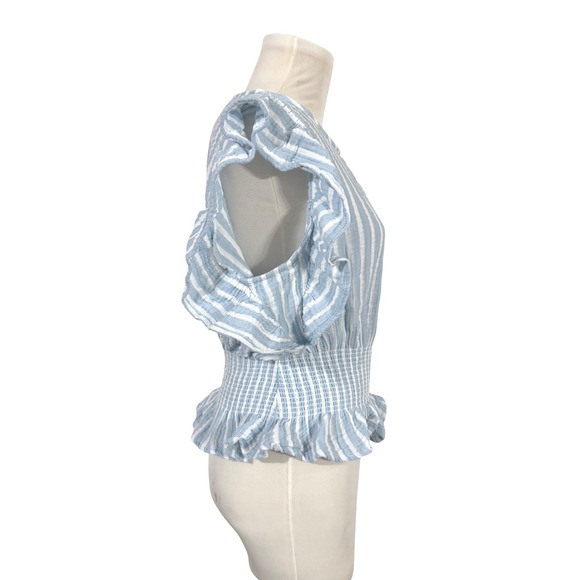 Cupcakes and Cashmere Blue White Stripe Smocked Peplum Ruffle Sleeve Juniors M - Picture 3 of 6
